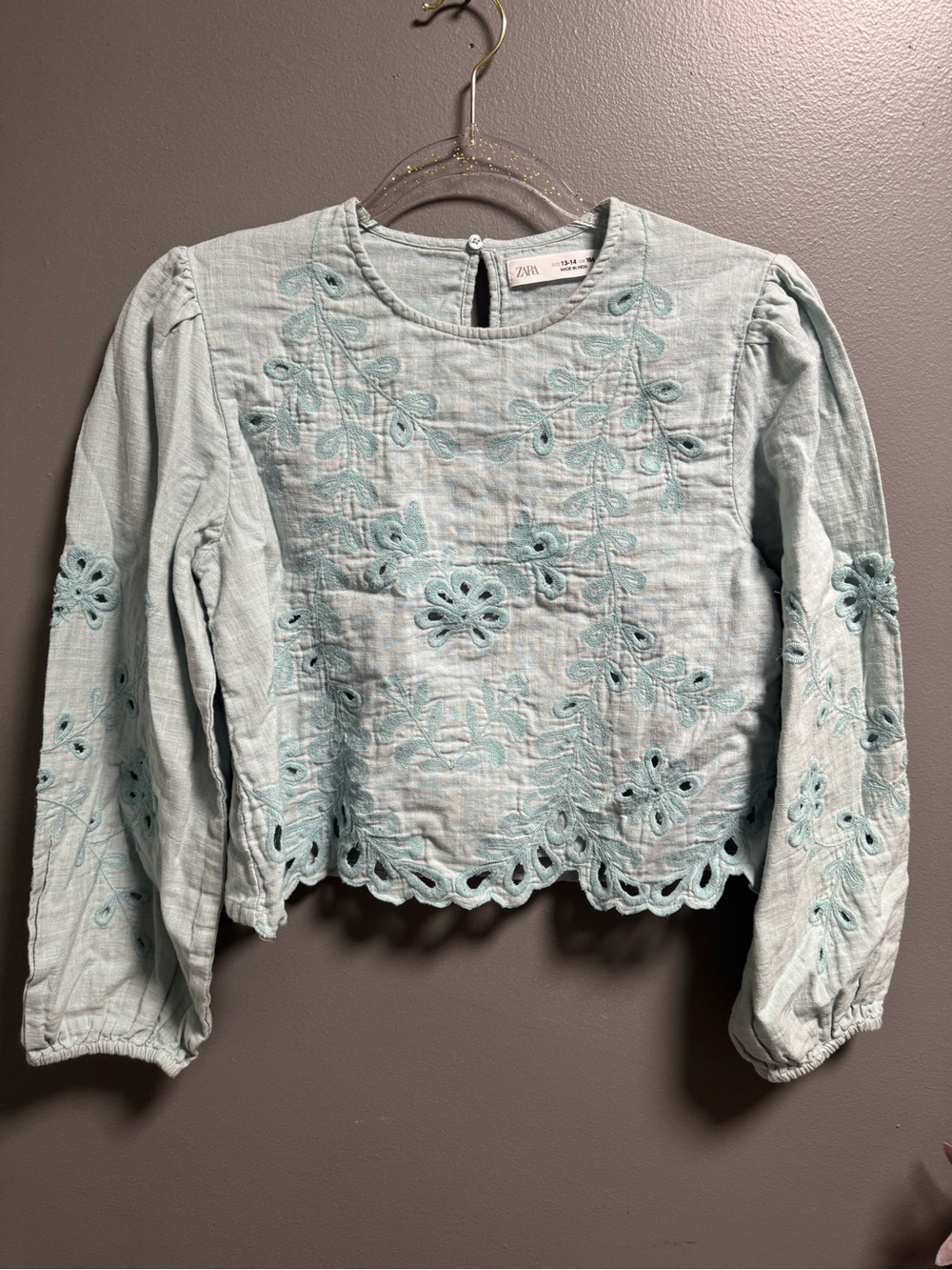 ZARA Girls Mint Teal Embroidered Eyelet Long-Sleeve Top size 13-14